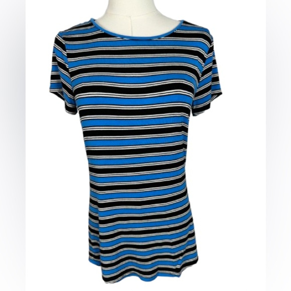 White House Black Market Blue & Black Striped Short Sleeve Tee